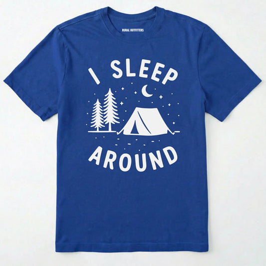 Royal i sleep around camping shirt with tent, pine trees, moon and stars design on a white background.