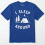Royal i sleep around camping shirt with tent, pine trees, moon and stars design on a white background.