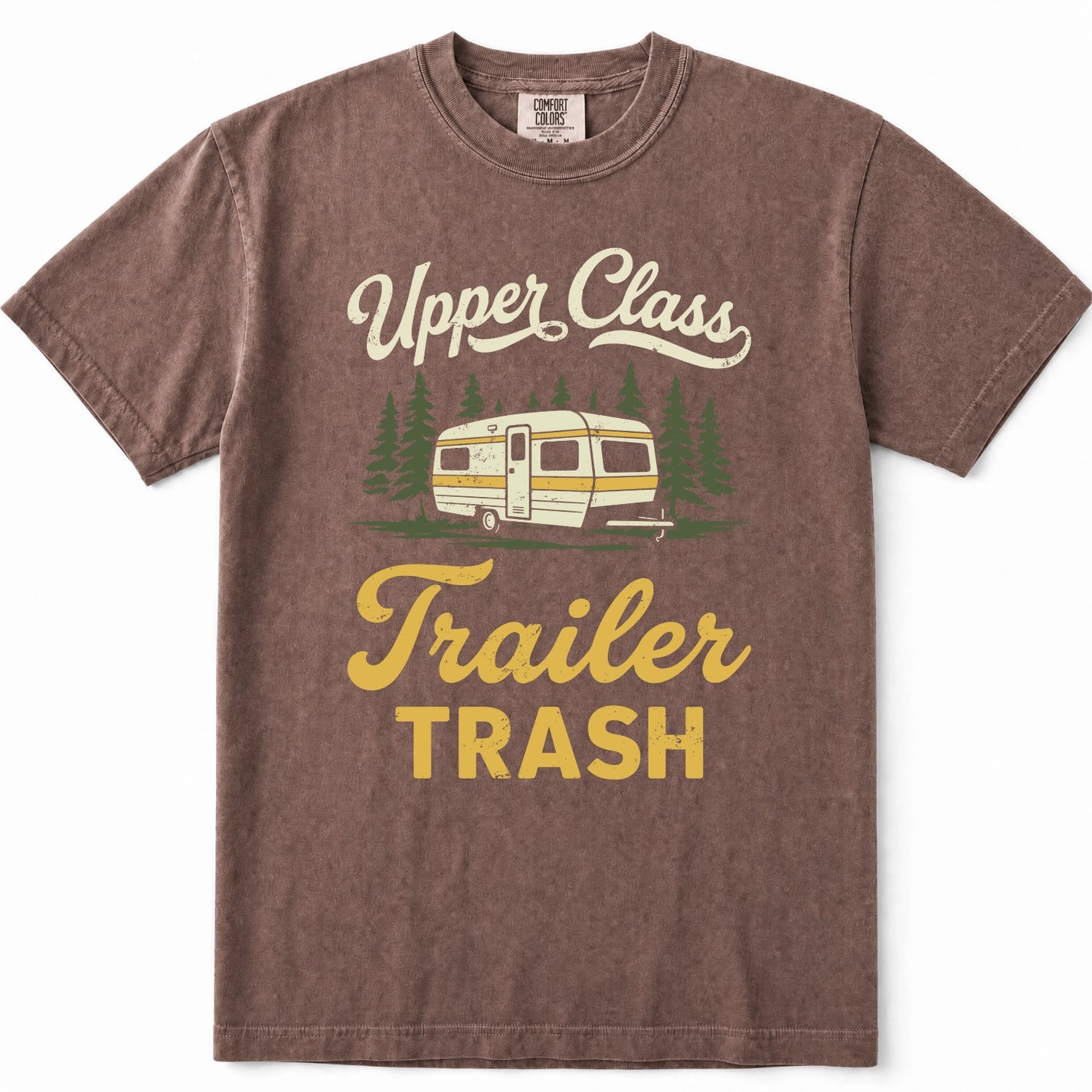 Espresso graphic t-shirt featuring a vintage camper trailer illustration with the text 'Upper Class Trailer TRASH' in cream and yellow lettering, displayed on a clean white background.