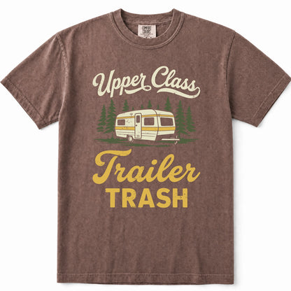 Espresso graphic t-shirt featuring a vintage camper trailer illustration with the text 'Upper Class Trailer TRASH' in cream and yellow lettering, displayed on a clean white background.