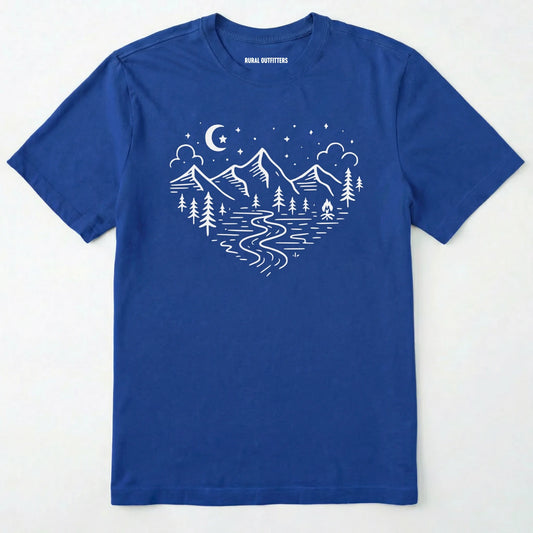 Royal love nature t-shirt with mountain and forest heart graphic on a white background.