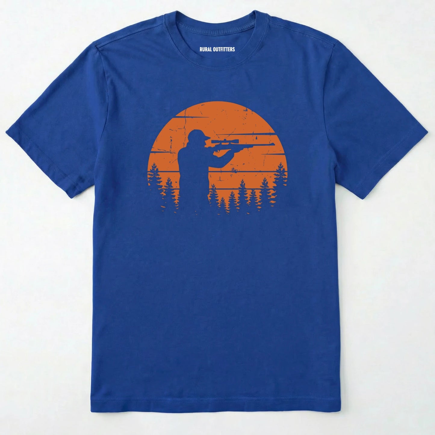 Royal t-shirt with a graphic of a hunter and sunset design on a white background