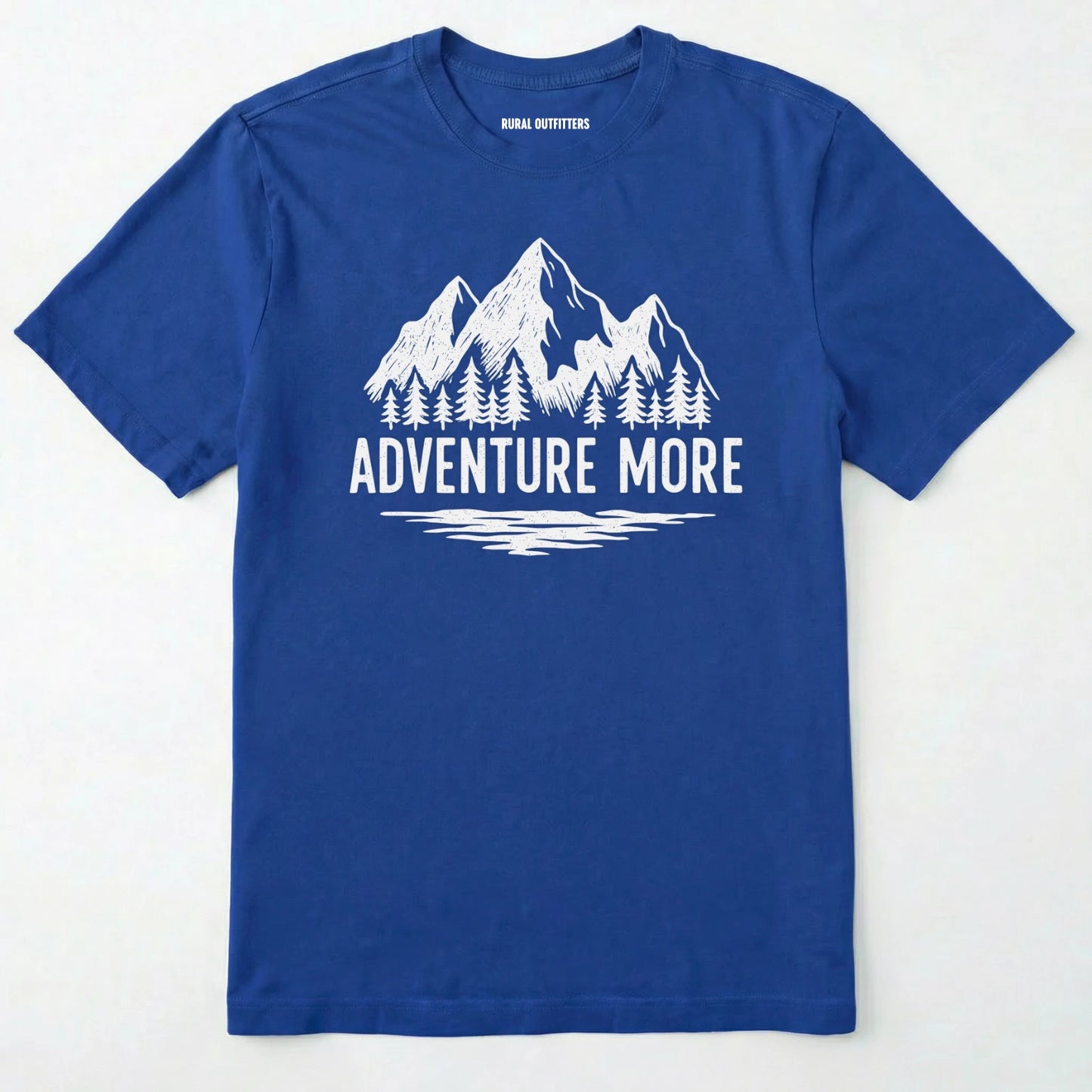 Royal adventure t-shirt with white mountain and tree graphic on a soft cotton tee