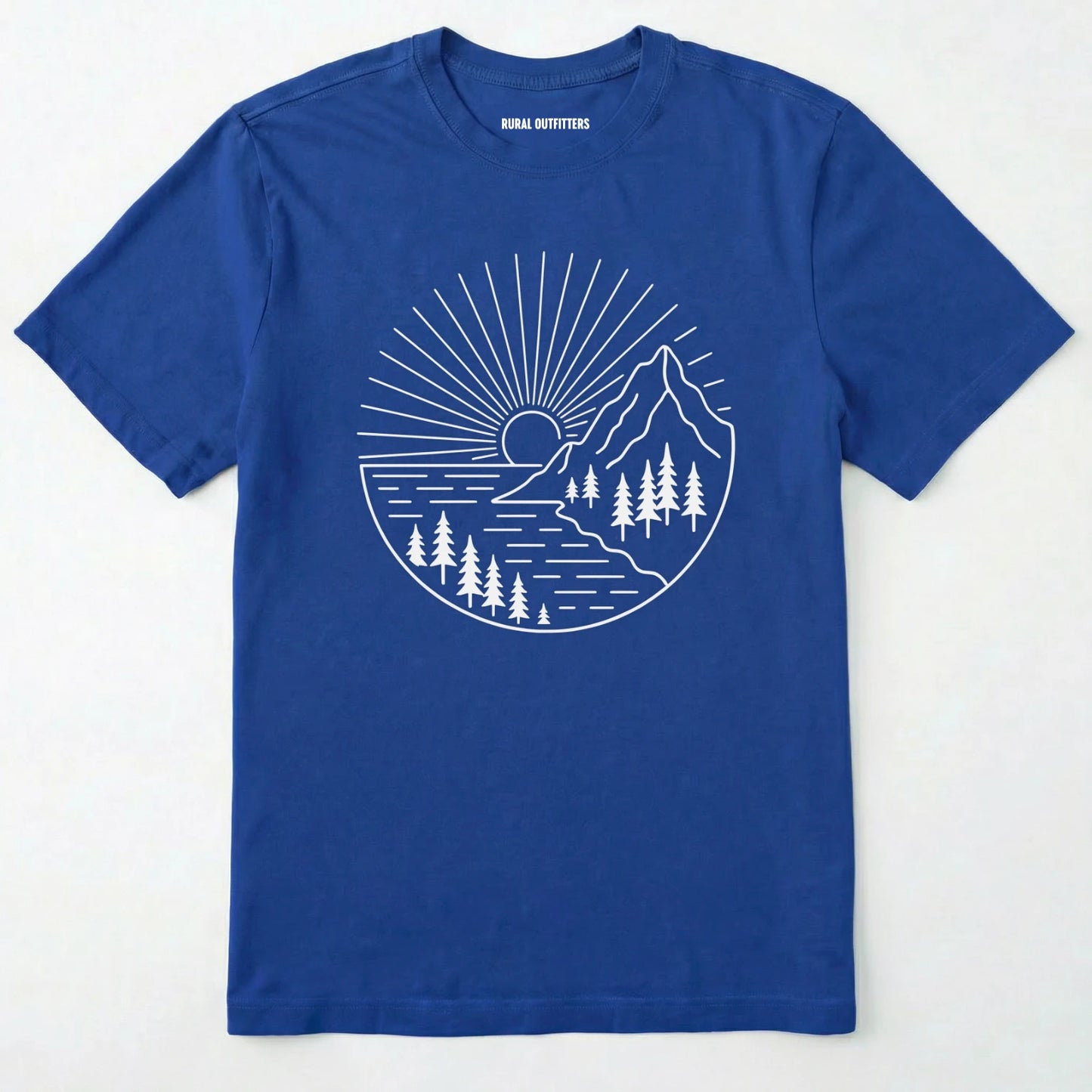 Royal mountain t-shirt with a white line-art design of mountains, trees, and a sunrise on a white background.