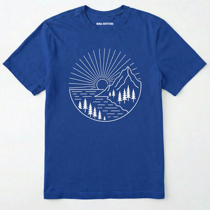 Royal mountain t-shirt with a white line-art design of mountains, trees, and a sunrise on a white background.