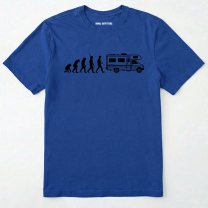 Royal evolution shirt featuring a human to rv silhouette graphic on a white background.