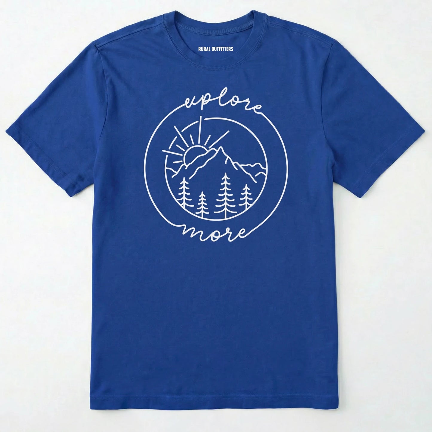 Royal explorer shirt with 'explore more' text and mountain graphic design on a white background