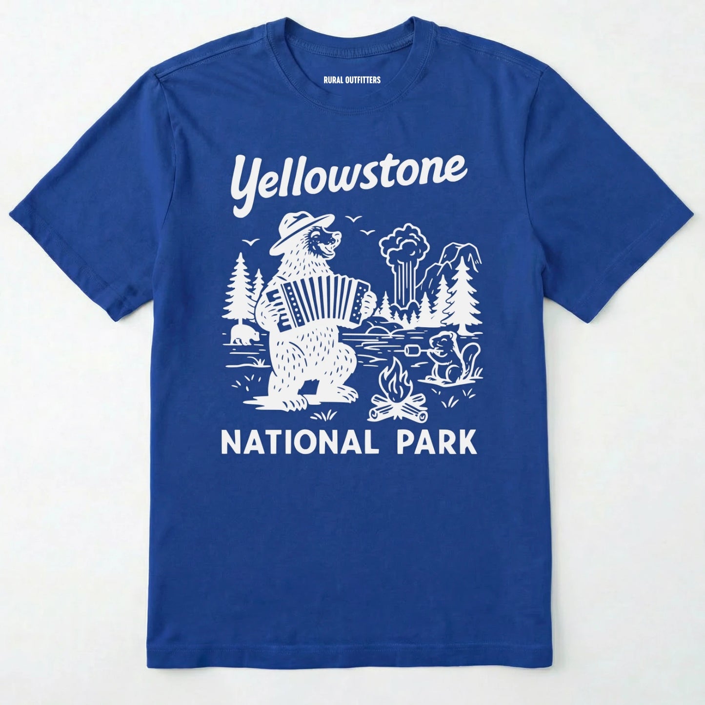 Royal yellowstone national park t-shirt with a brown bear playing an accordion graphic.