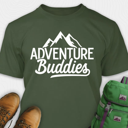 Green adventure buddies t-shirt featuring mountain design