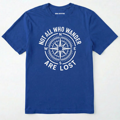 Royal not all who wander are lost t-shirt with compass design and text on a white background.