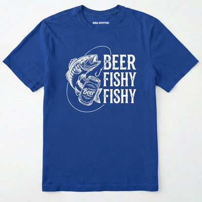 Royal t-shirt with white graphic and text 'beer fishy fishy' on a white background