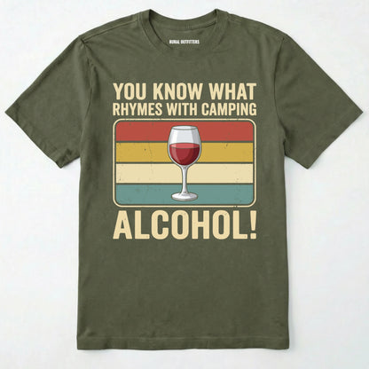 Military Green you know what rhymes with camping alcohol t-shirt with a wine glass graphic and retro stripes on a white background
