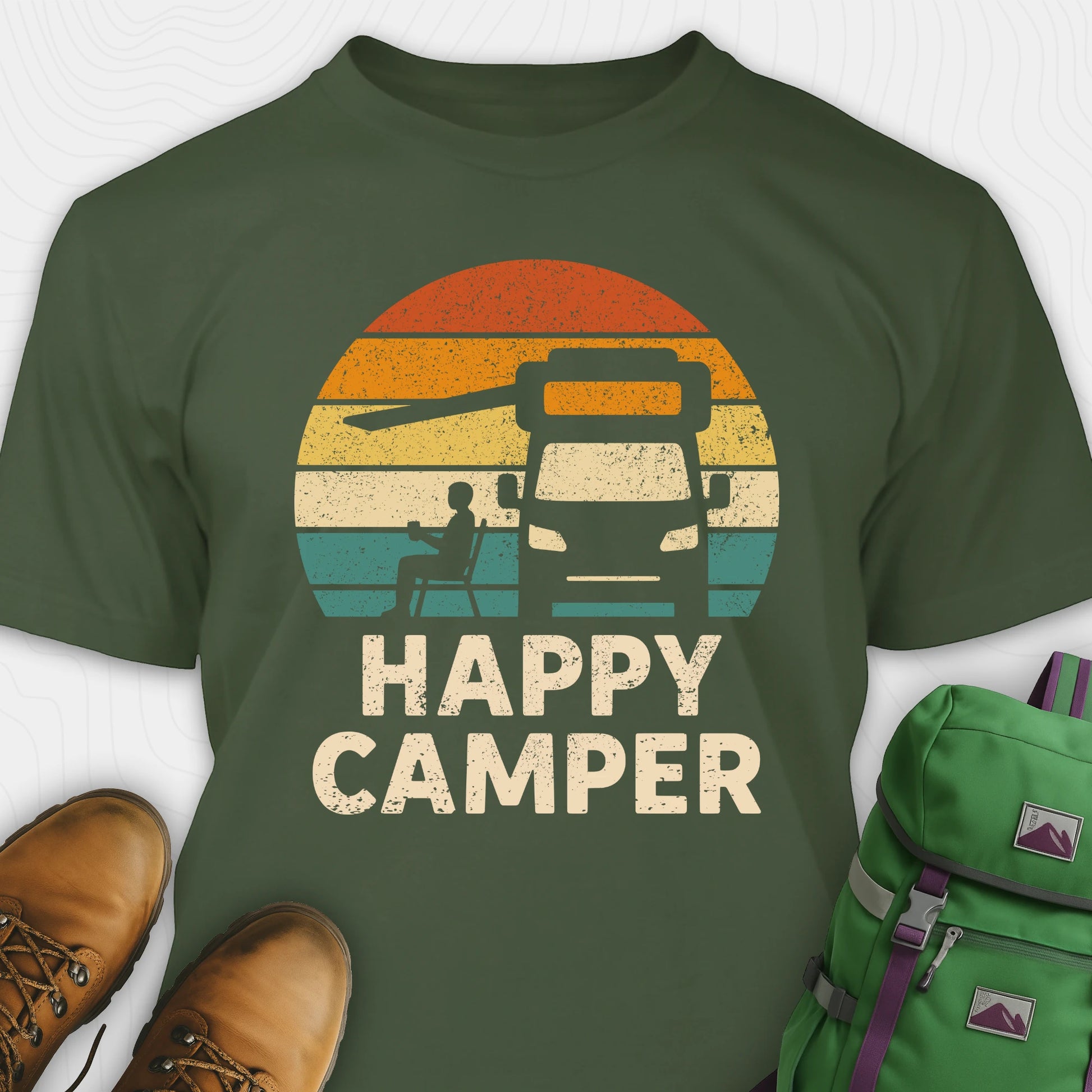 Green happy camper shirt with retro rv graphic