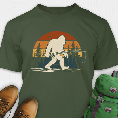 Green bigfoot fishing shirt with retro forest background