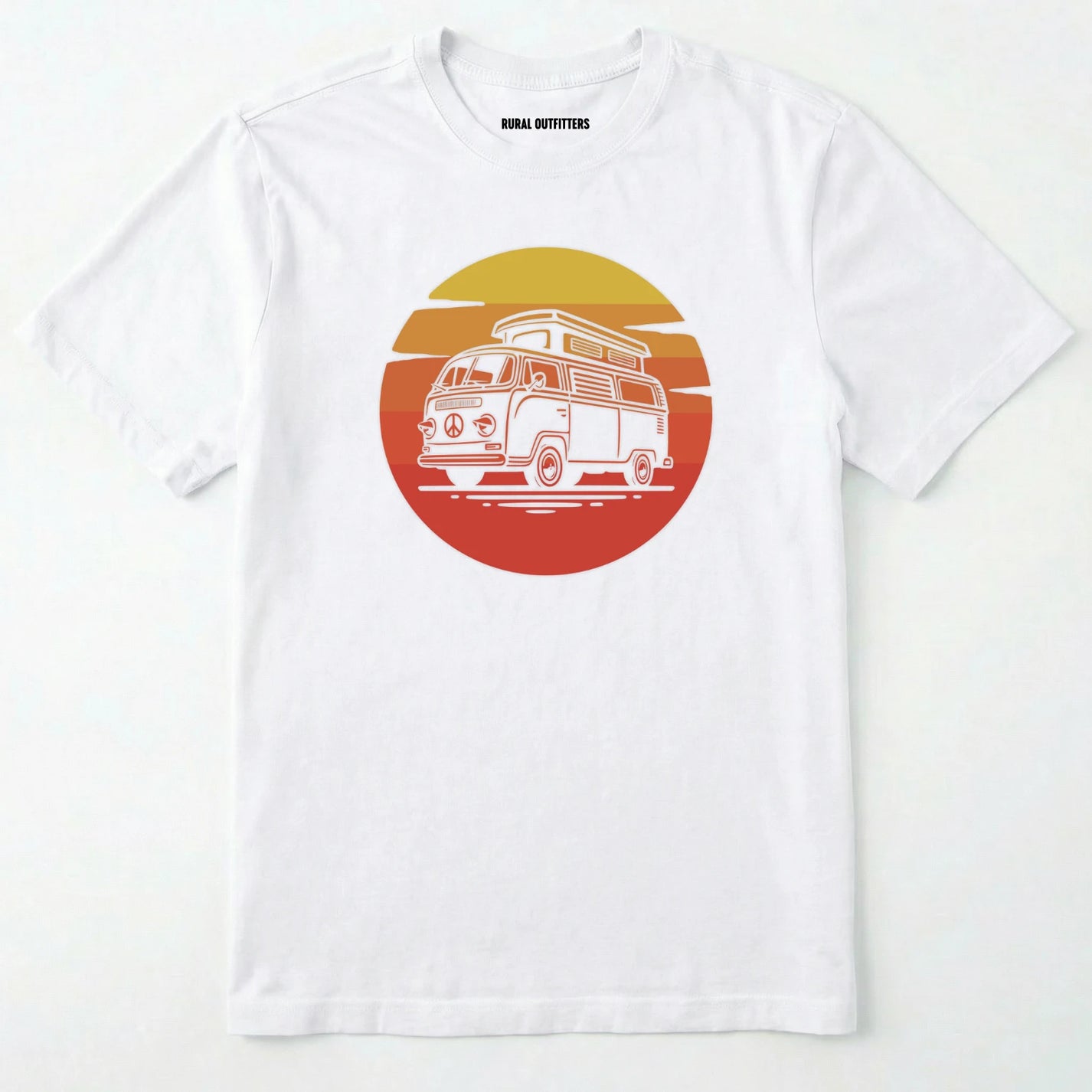 White camper shirt featuring a vintage rv design with a warm sunset.