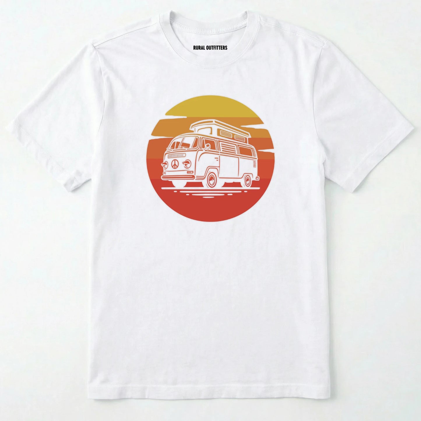White camper shirt featuring a vintage rv design with a warm sunset.