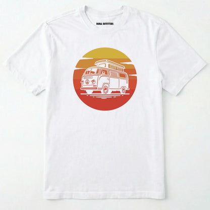White camper shirt featuring a vintage rv design with a warm sunset.