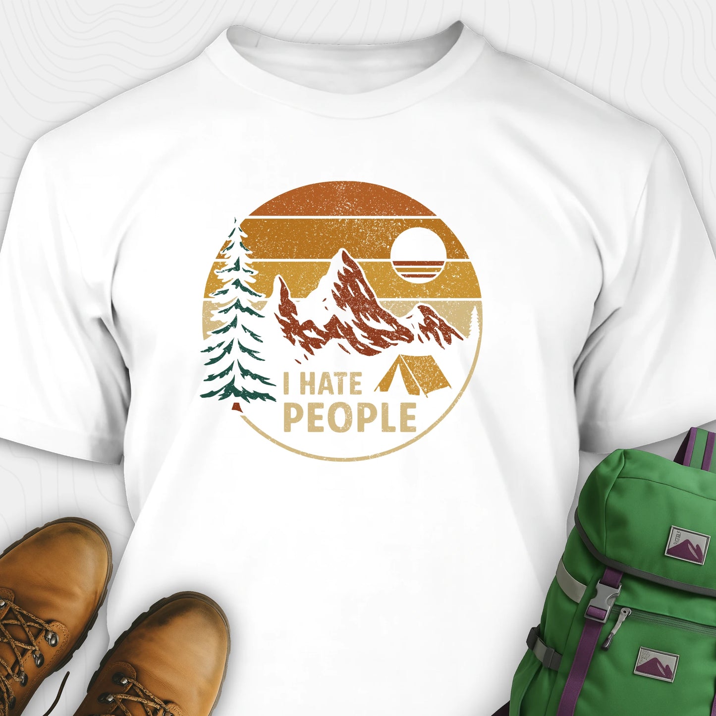 White I hate people tee with vintage mountains, sunset, pine tree and tent graphic