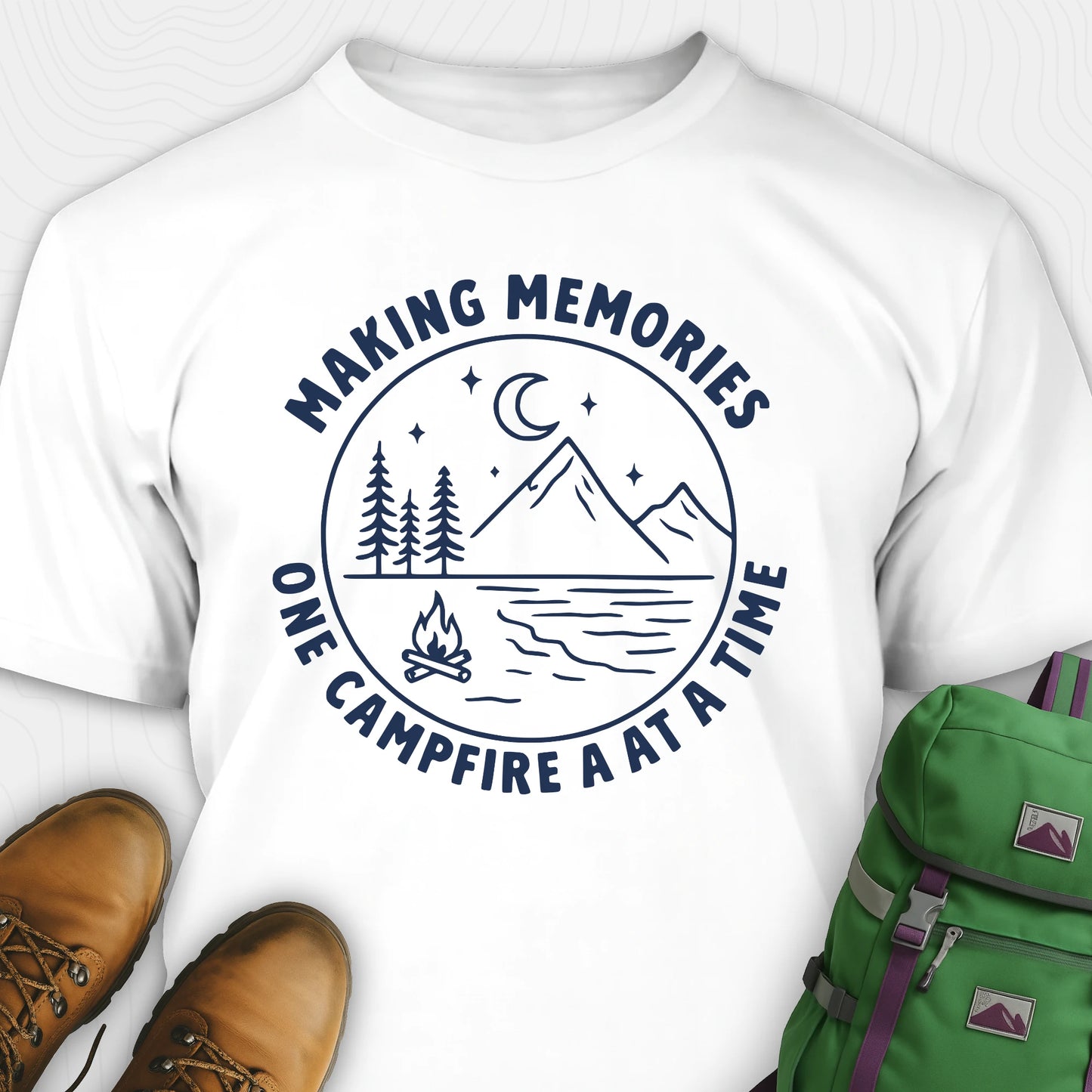 White making memories t-shirt with mountains and moon graphic