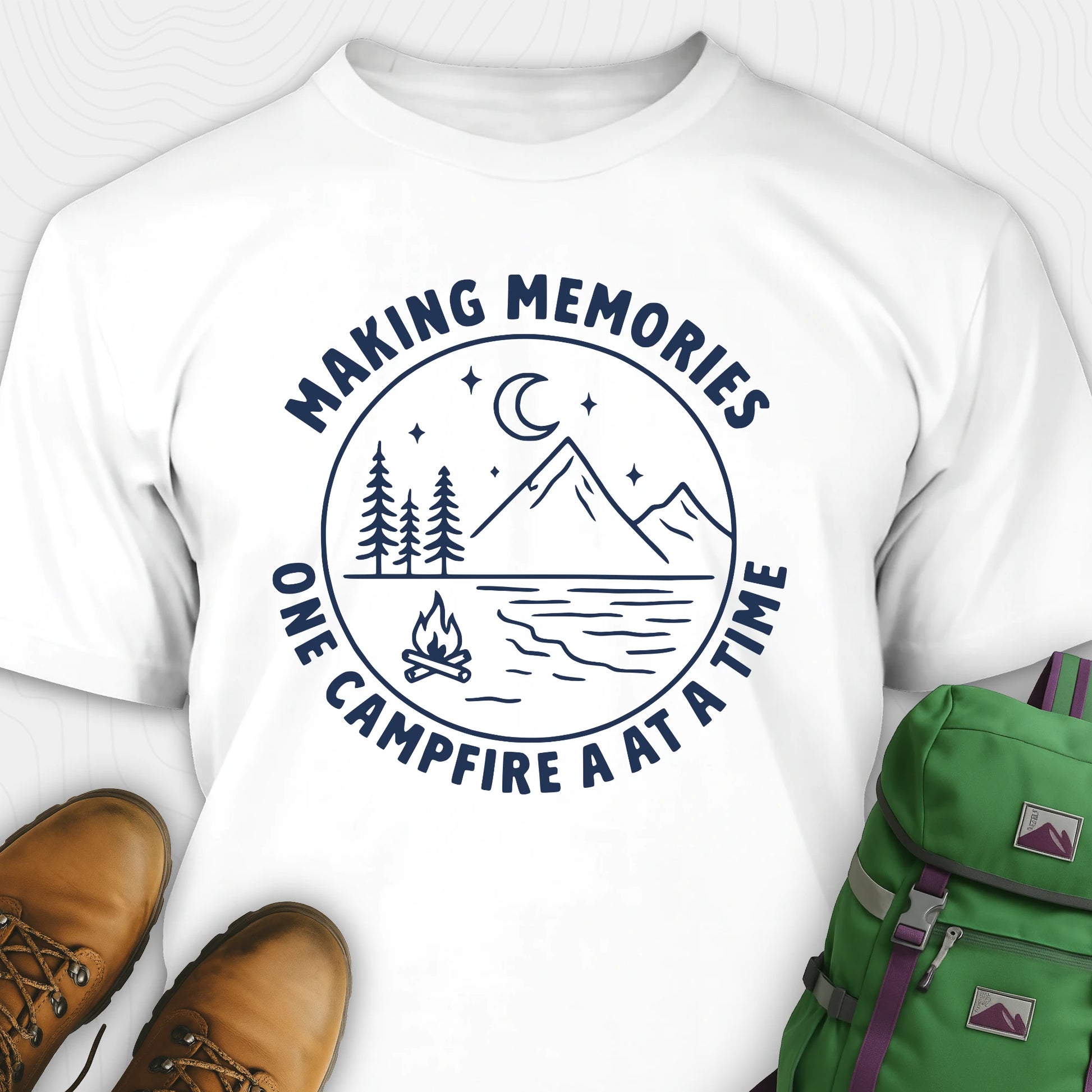 White making memories t-shirt with mountains and moon graphic