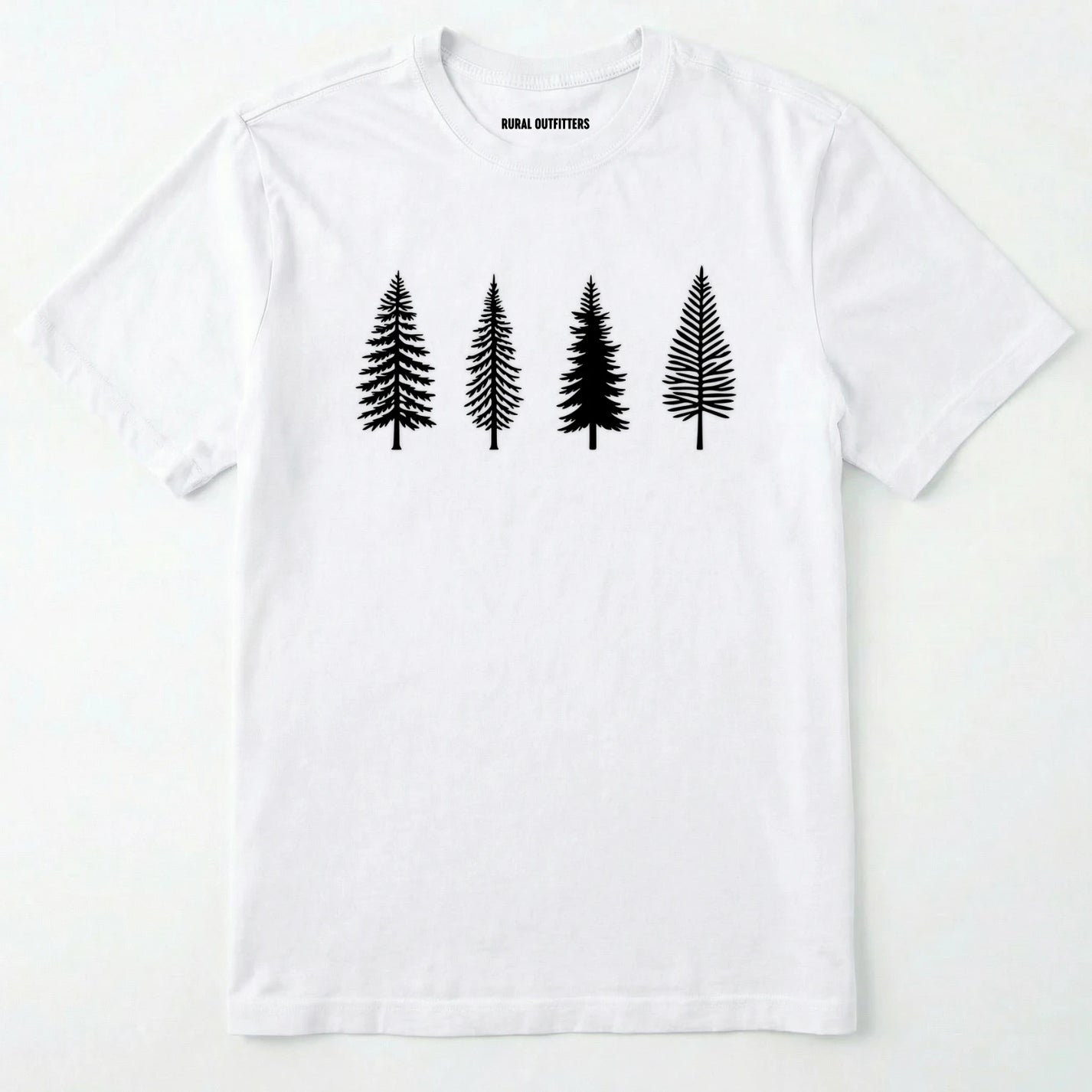 White pine tree shirt with minimalist forest graphic on a plain white background
