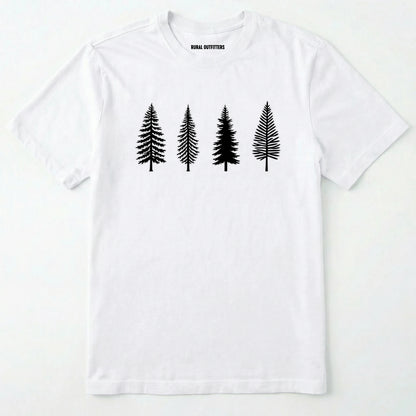 White pine tree shirt with minimalist forest graphic on a plain white background