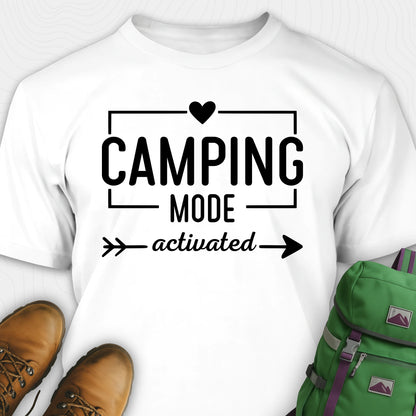 White camping mode activated shirt with heart and arrow design