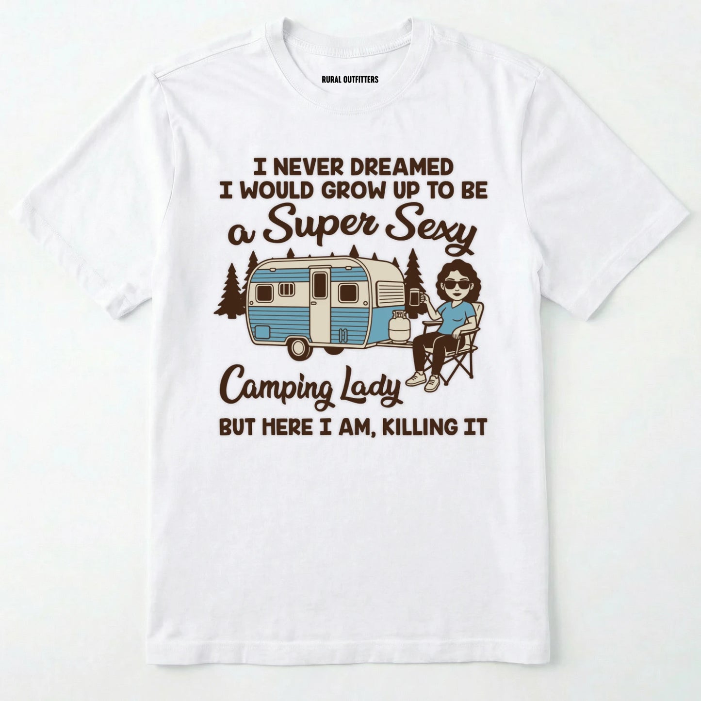White t-shirt with a graphic and text about camping and being a 'super sexy camping lady' on a white background.