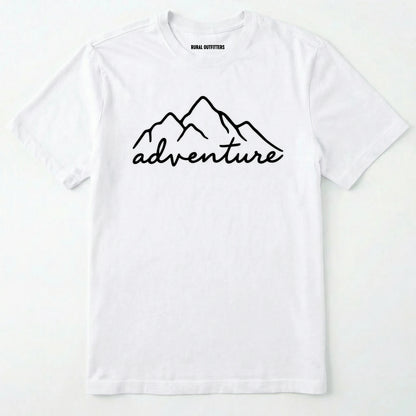 White adventure shirt with mountain design and 'adventure' text on a white background.