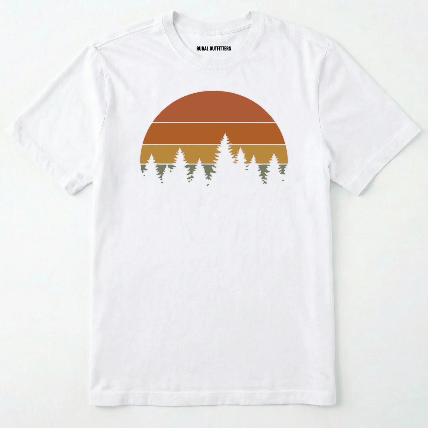White vintage sunset t-shirt with retro forest silhouette graphic on a white background.