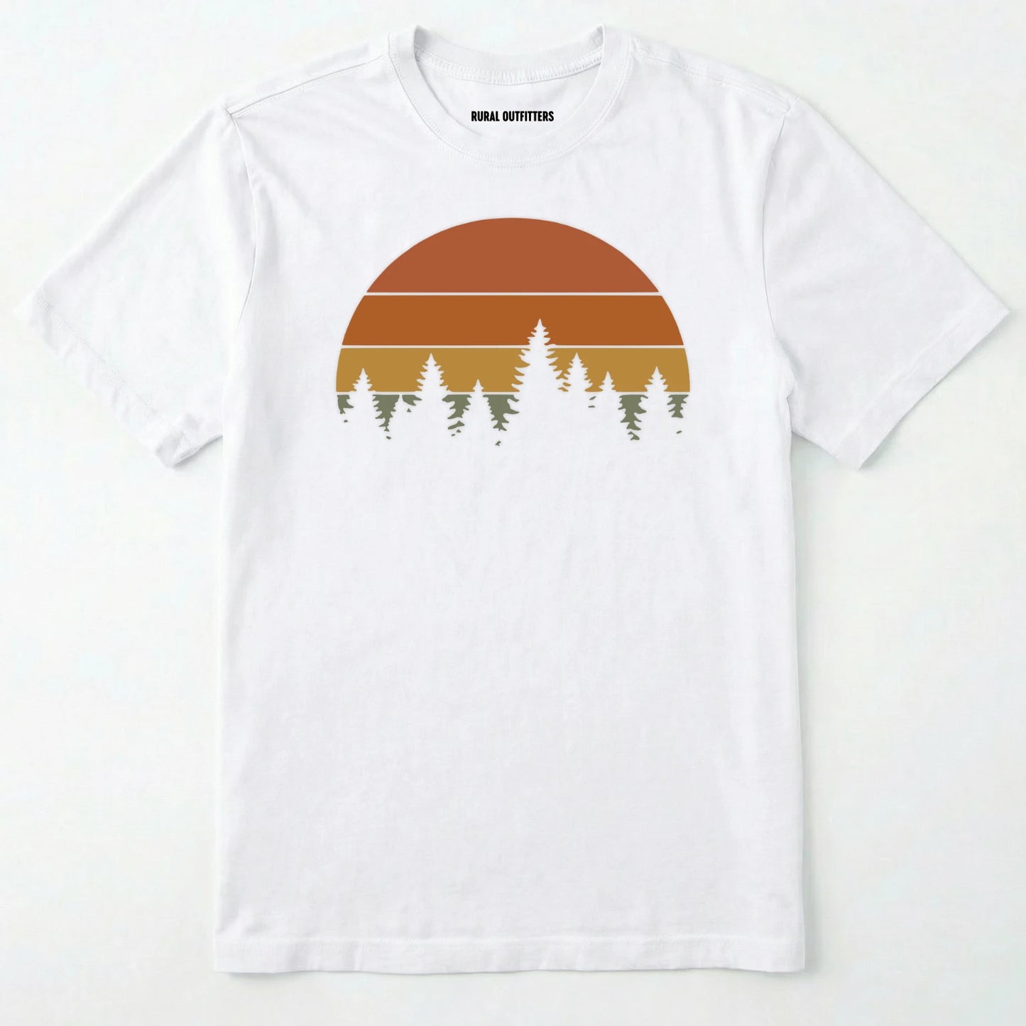 White vintage sunset t-shirt with retro forest silhouette graphic on a white background.