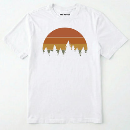 White vintage sunset t-shirt with retro forest silhouette graphic on a white background.