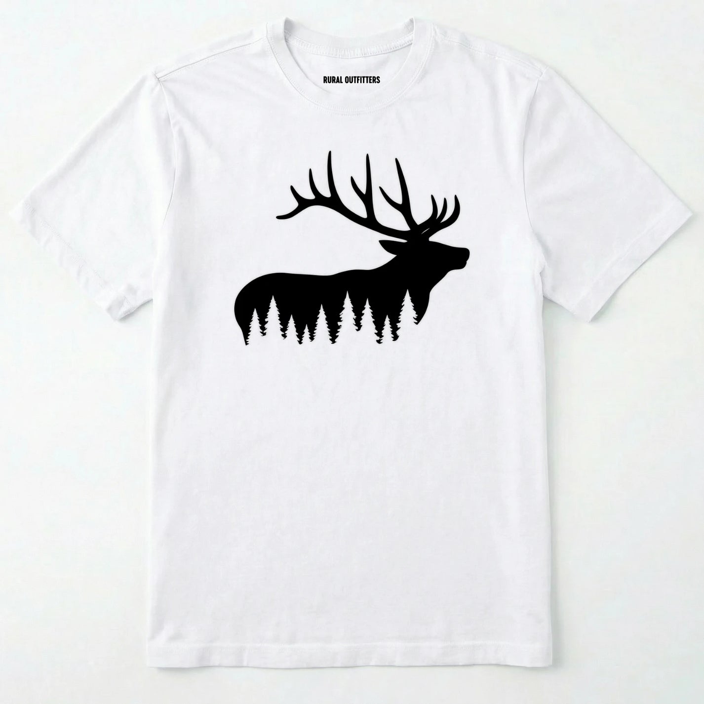 White elk shirt with black elk silhouette design on a white background.