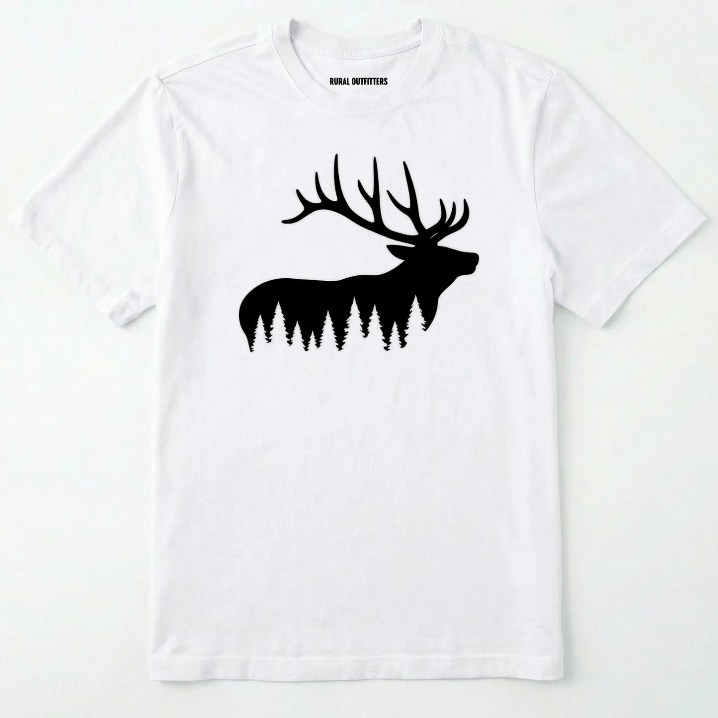 White elk shirt with black elk silhouette design on a white background.