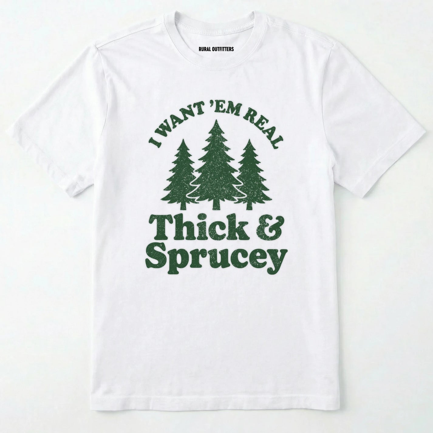 White t-shirt with Military Green text and tree graphics on a white background