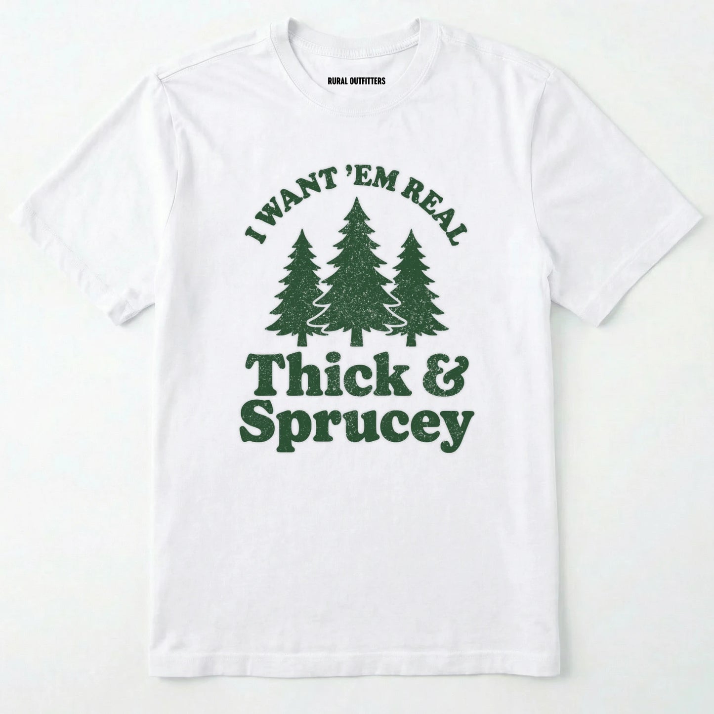 White t-shirt with Military Green text and tree graphics on a white background