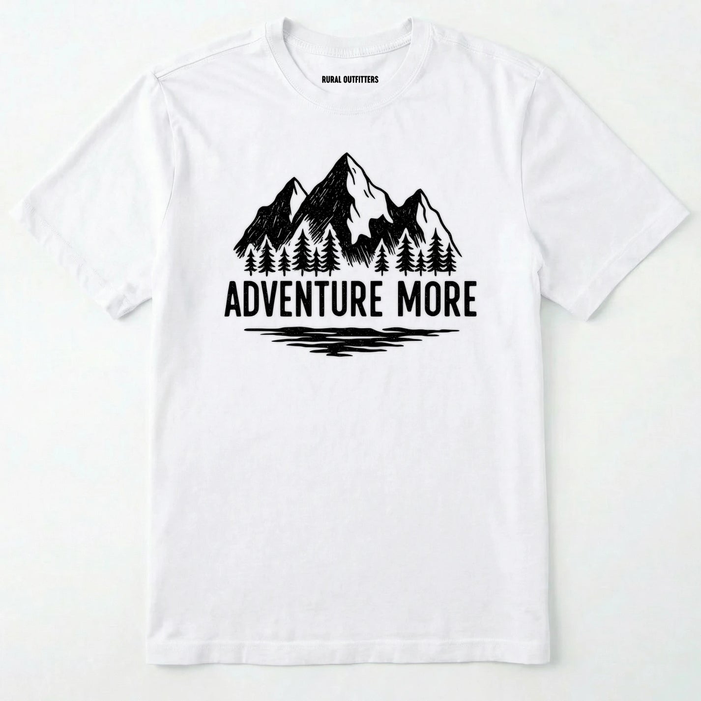 White adventure t-shirt with white mountain and tree graphic on a soft cotton tee