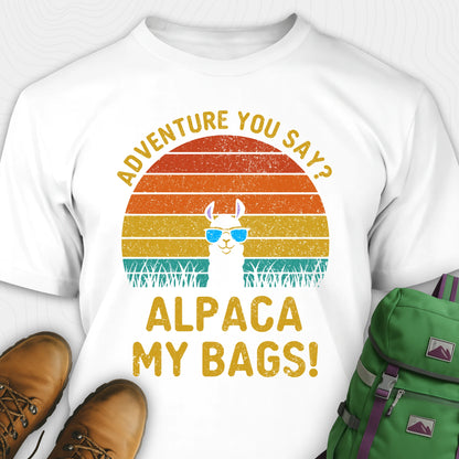 White alpaca my bags shirt with retro sunset and llama graphic