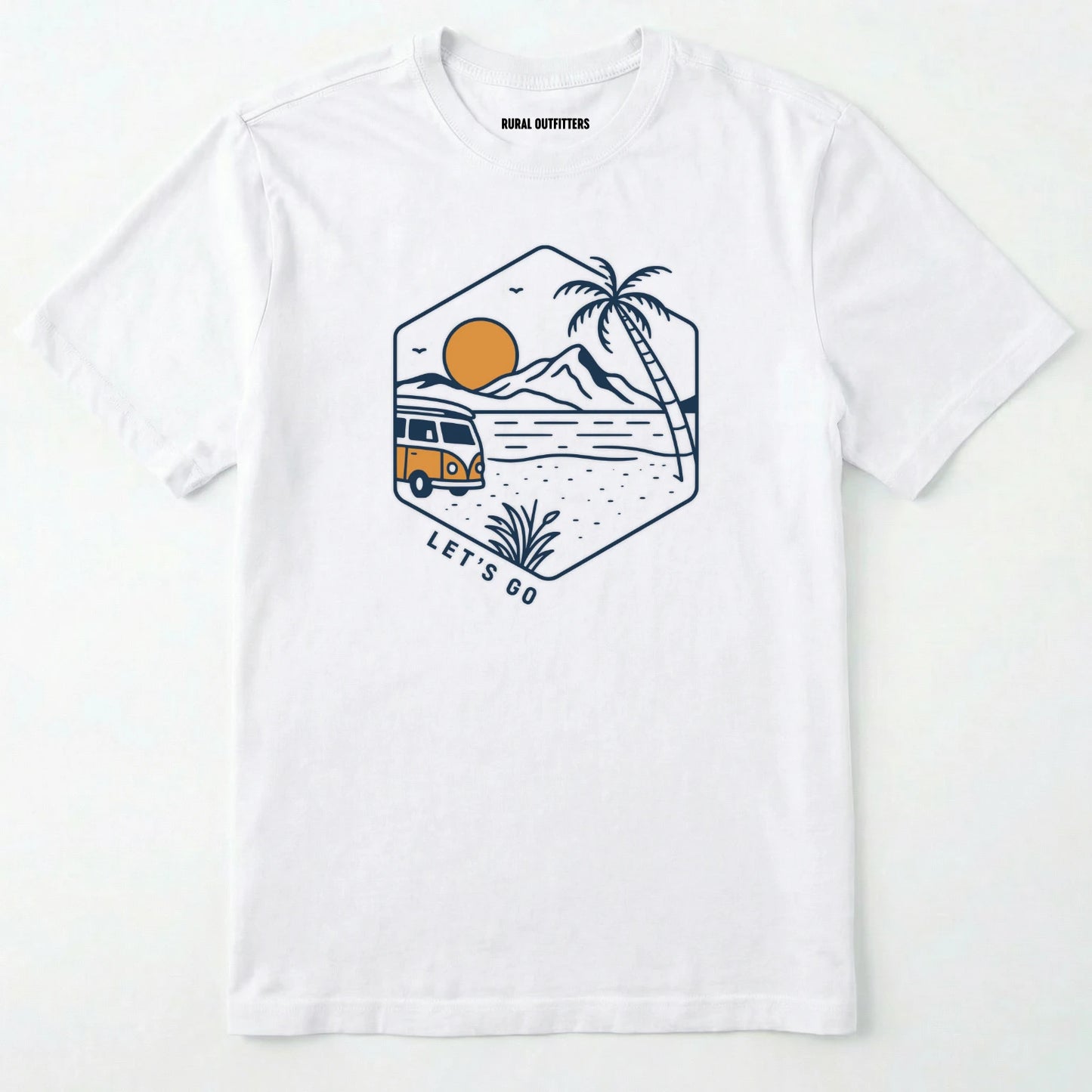 White let⊙s go t-shirt with retro camper van and sunset graphic, and green backpack on a white background