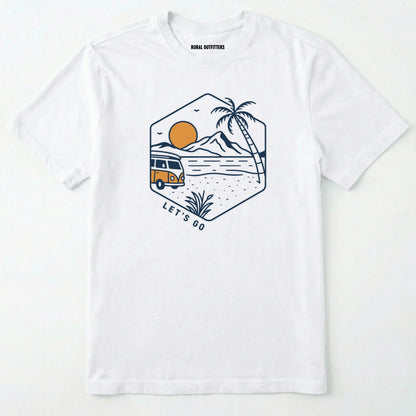 White let⊙s go t-shirt with retro camper van and sunset graphic, and green backpack on a white background