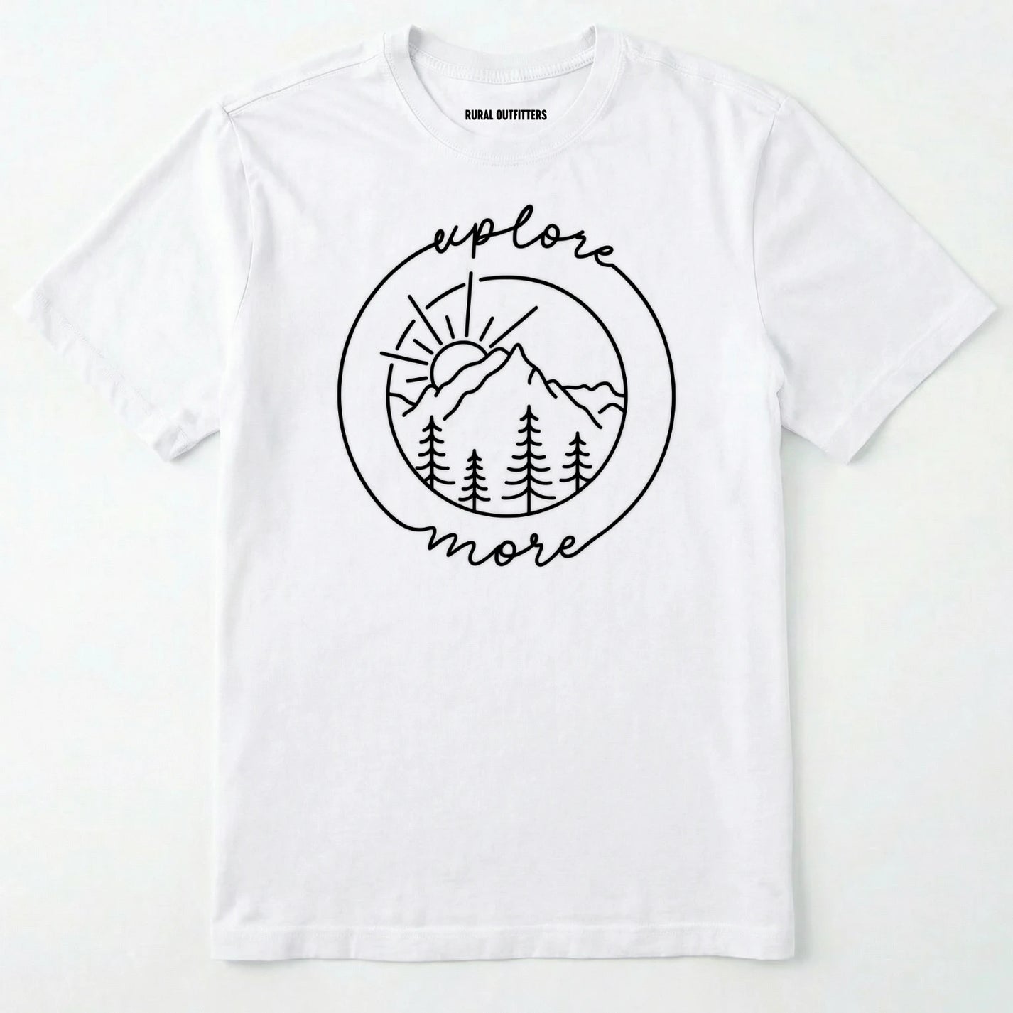 White explorer shirt with 'explore more' text and mountain graphic design on a white background