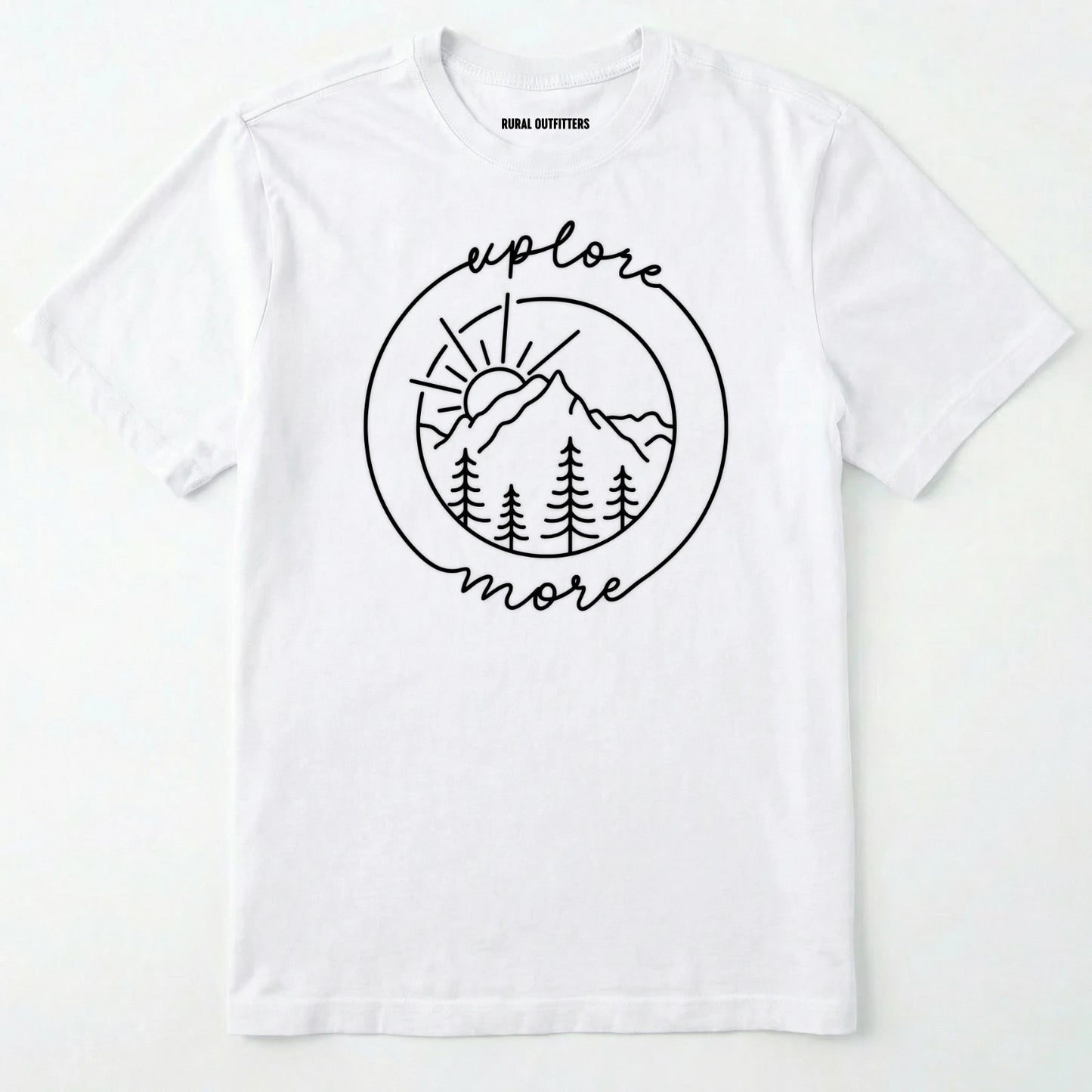 White explorer shirt with 'explore more' text and mountain graphic design on a white background