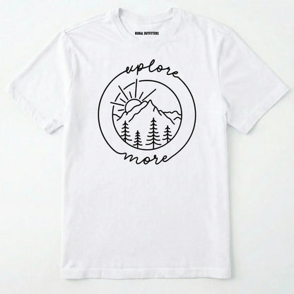 White explorer shirt with 'explore more' text and mountain graphic design on a white background
