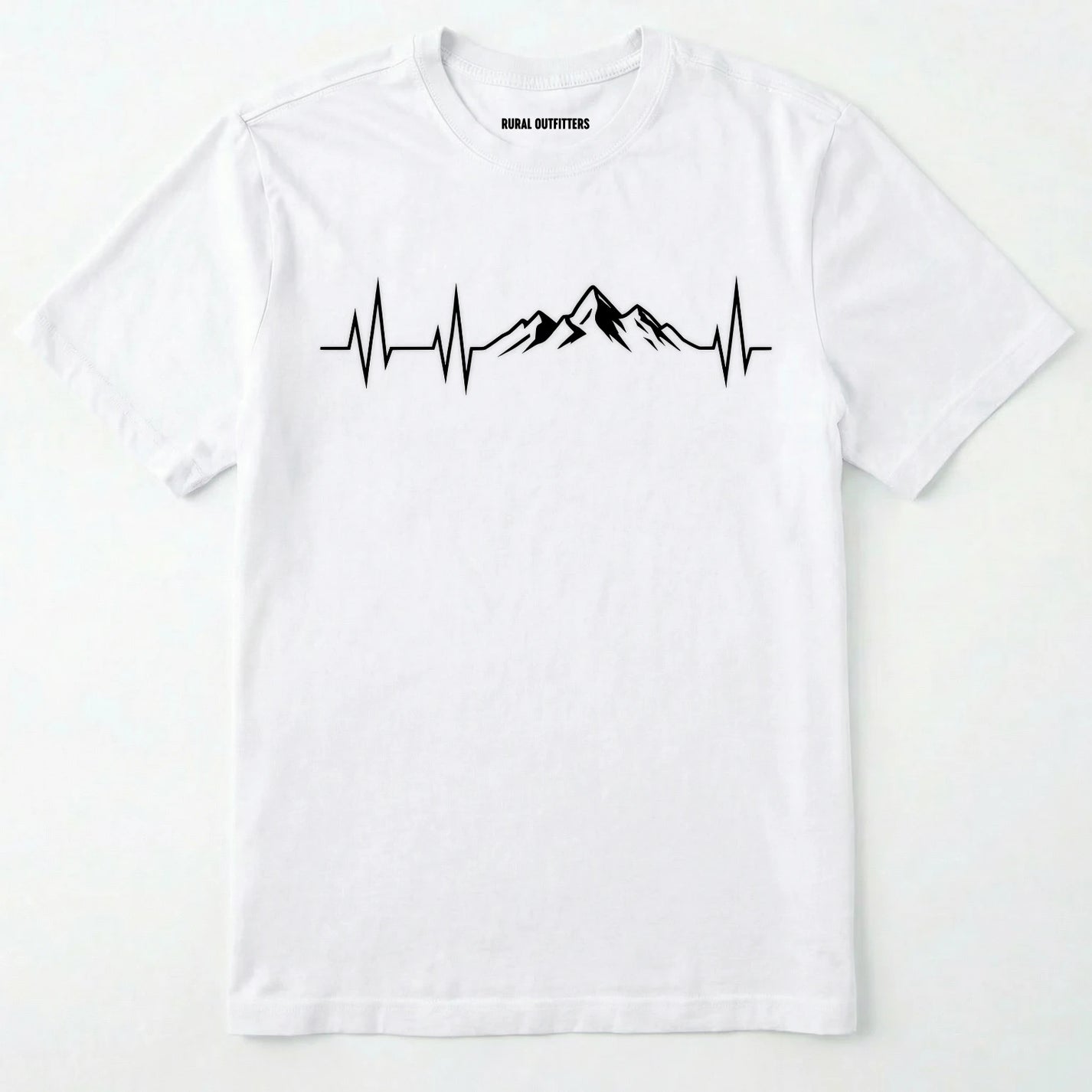 White mountain heartbeat t-shirt featuring heartbeat and mountain peaks on a white background.