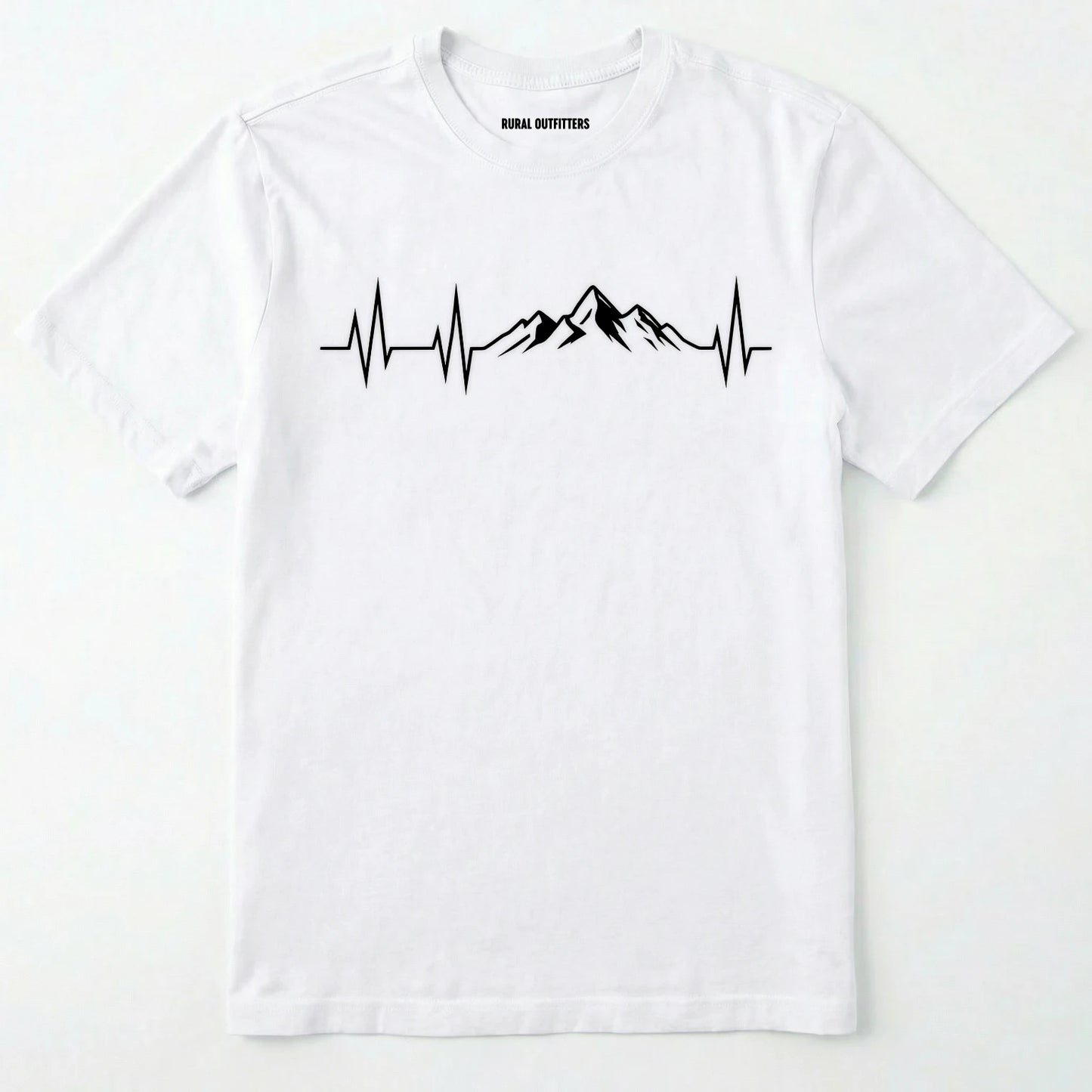 White mountain heartbeat t-shirt featuring heartbeat and mountain peaks on a white background.