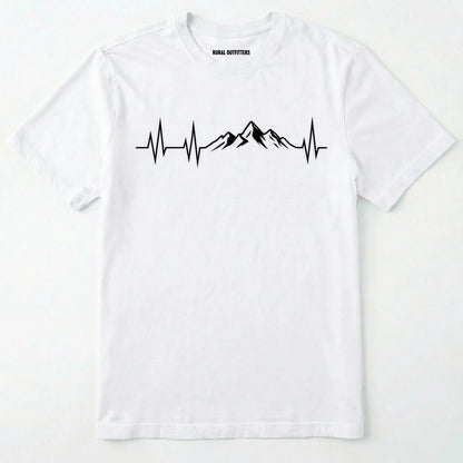 White mountain heartbeat t-shirt featuring heartbeat and mountain peaks on a white background.