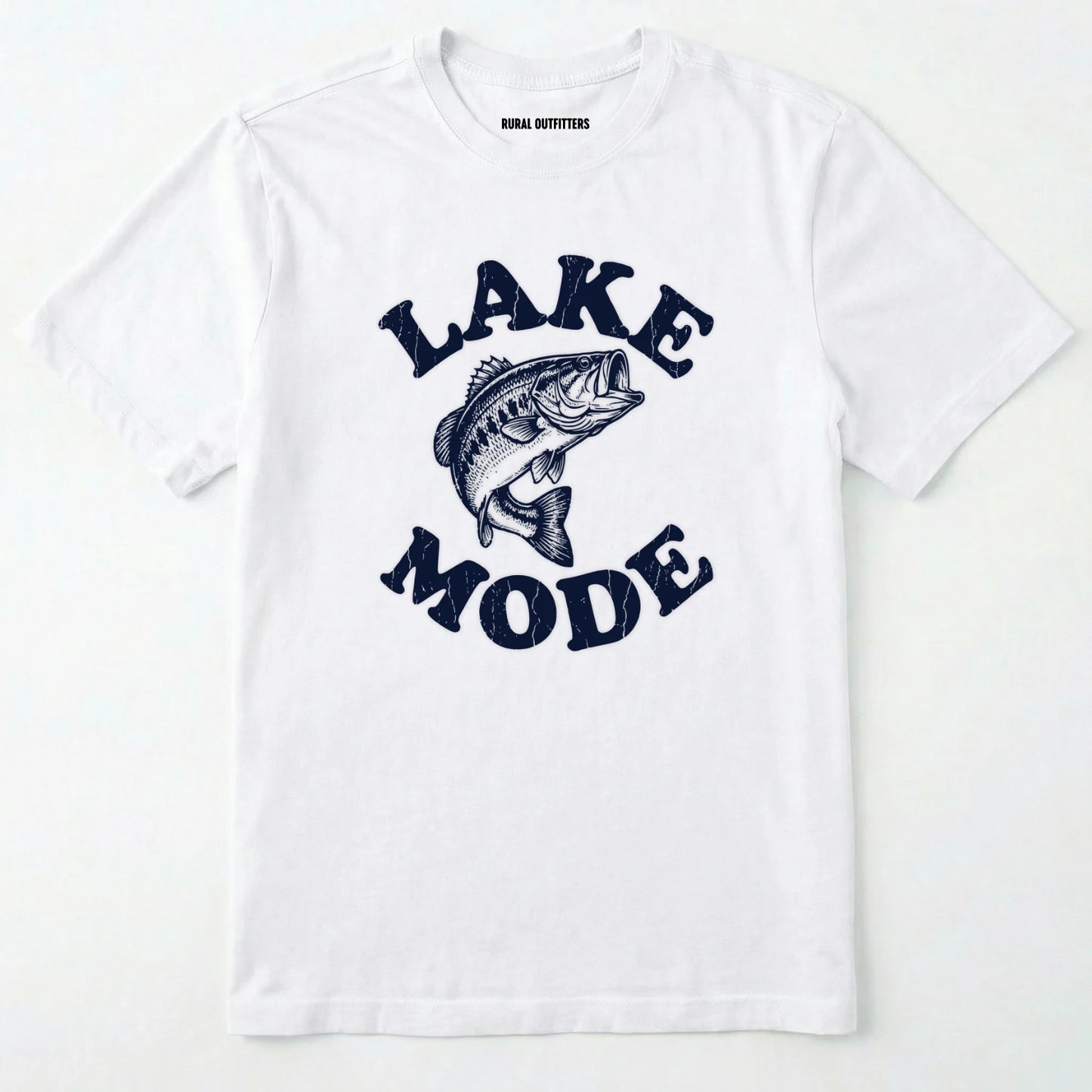 White t-shirt with 'lake mode' graphic and fish illustration on a white background