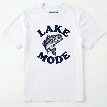 White t-shirt with 'lake mode' graphic and fish illustration on a white background