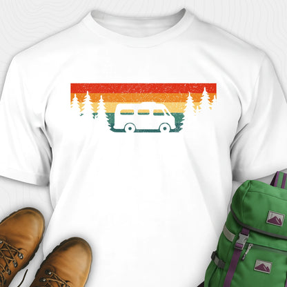 White retro camp shirt featuring forest silhouette and van design