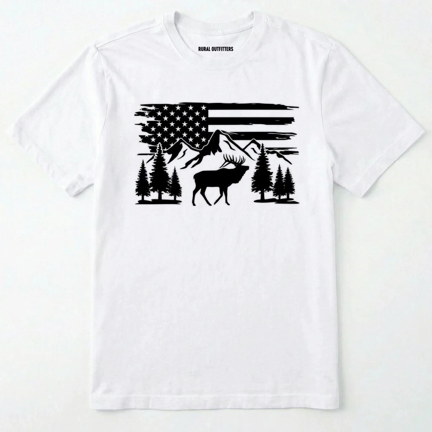White deer t-shirt with black graphic design of an american flag, trees, and a elk graphic.